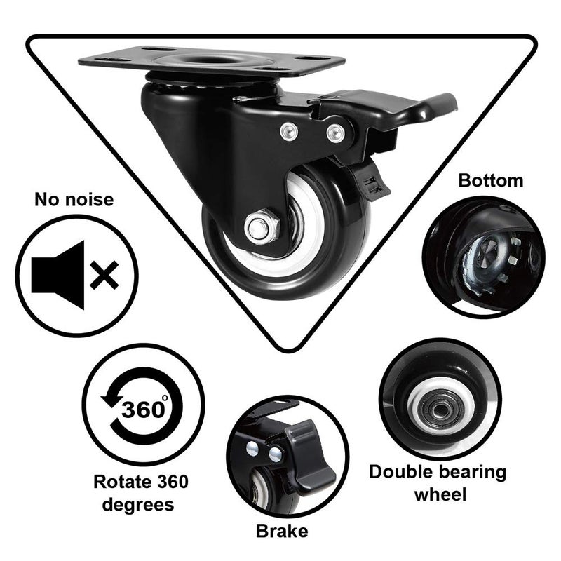 ASHGOOB 2" Caster Wheels Set of 8, Heavy Duty Casters with Brake, No Noise Locking Casters with Polyurethane (PU) Wheels, Swivel Plate Castors Pack of 8 - Image 5